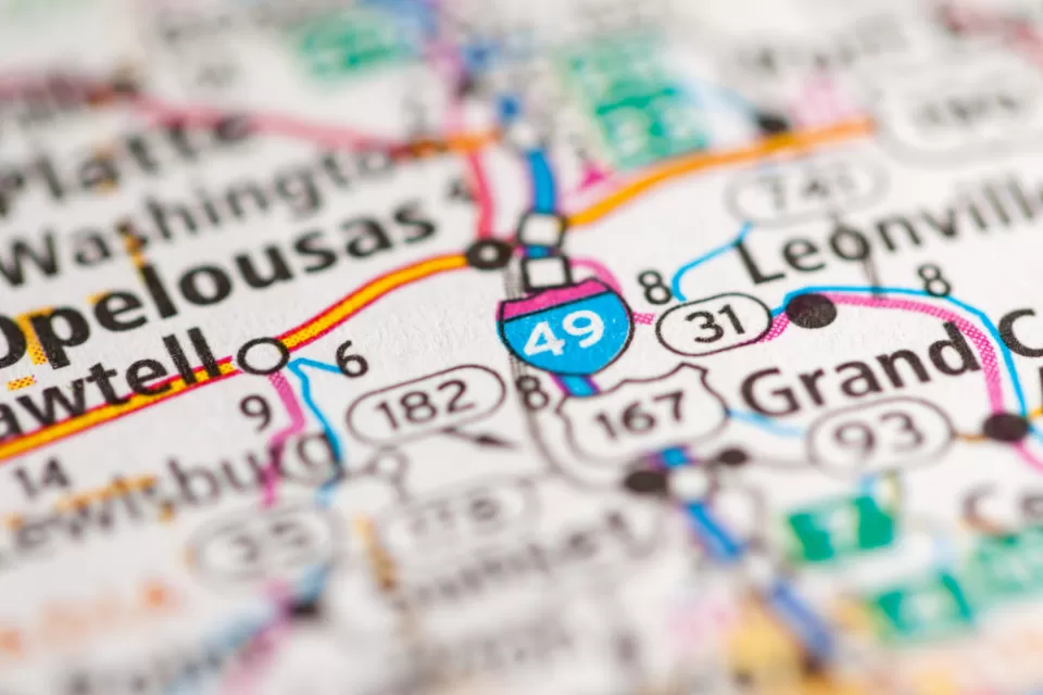 Close-up of Interstate 49 sign on road map
